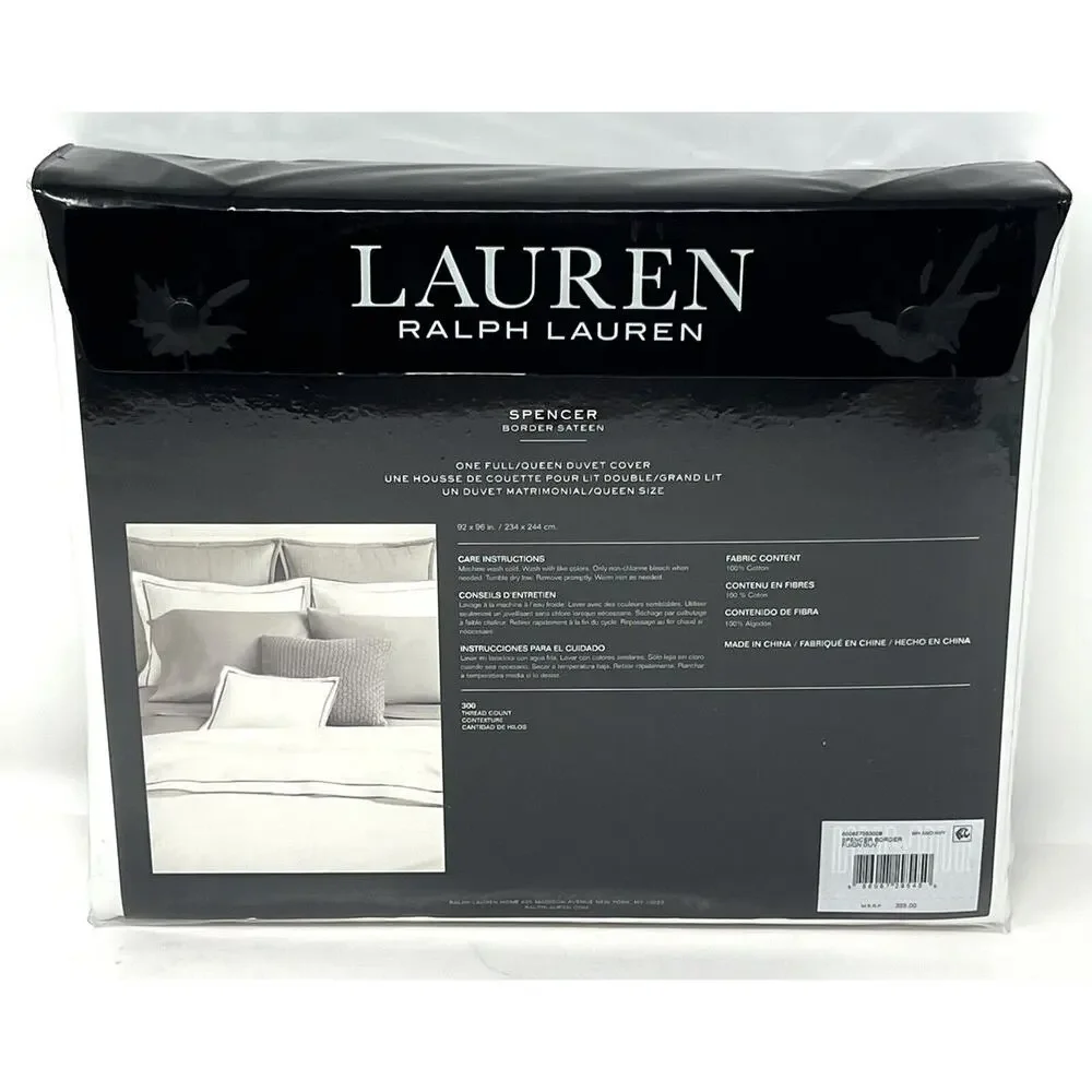 Ralph Lauren Spencer Border Sateen Full/Queen Duvet Cover NAVY White Blue NIP